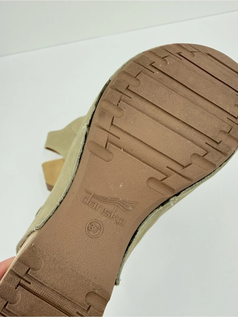 Dansko Tiana Peep-Toe Wedge Sandals in Khaki Leather Size 37 or 6.5-7